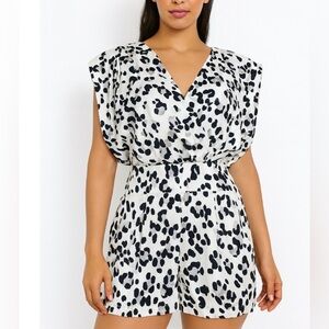 Bebe Romper jumpsuit cross over wrap animal print gray/black back zip SZ LG